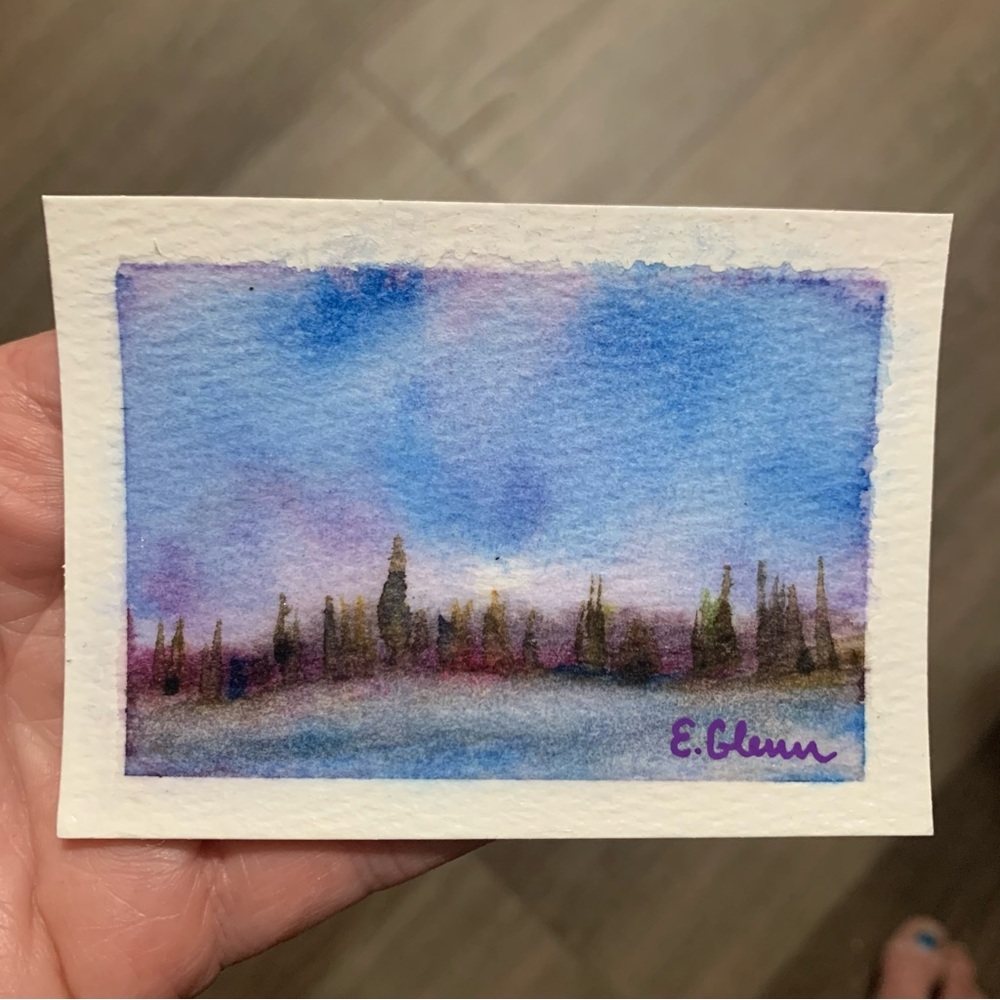 ACEO Original Mini Watercolor Landscape - Blue & Purple Sky by Eera Glenn